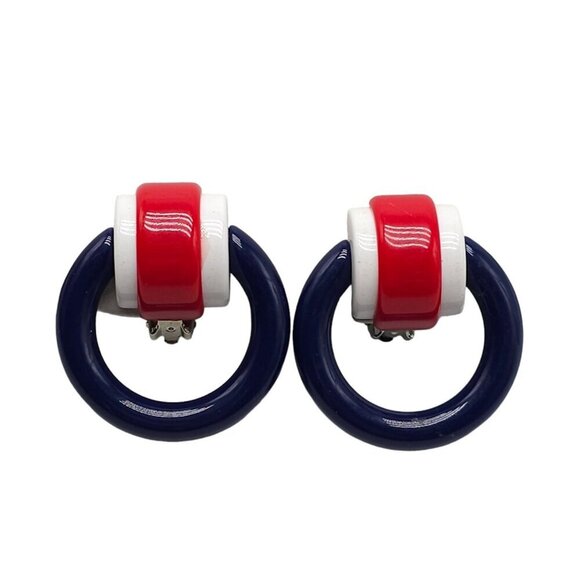 Red White Blue Patriotic Acrylic Round Dangle Earrings Clip-On Closure Vintage - Picture 1 of 5